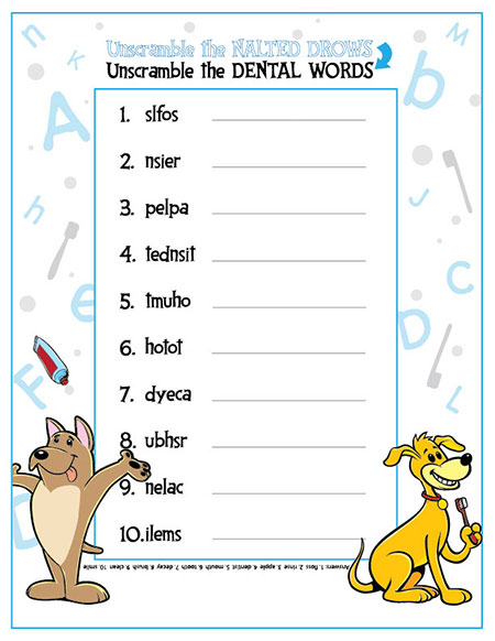 Unscramble the Dental Words Activity Sheet - Pediatric Dentist in Duncan, SC and Spartanburg County