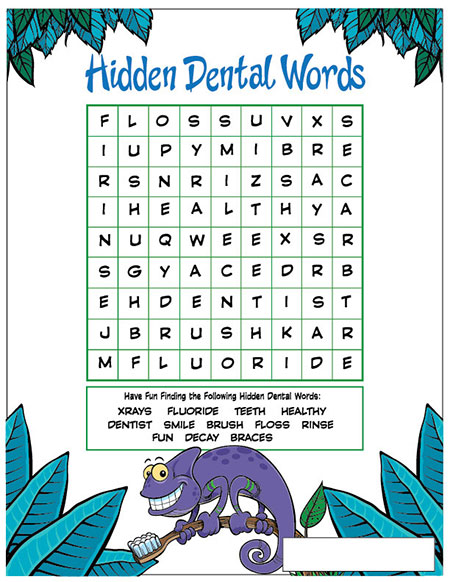 Hidden Dental Words Activity Sheet - Pediatric Dentist in Duncan, SC and Spartanburg County